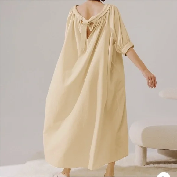 NAP Cream Tie Back Short Puff Sleeves Poplin Oversized Maxi Dress Size Small - Picture 1 of 12